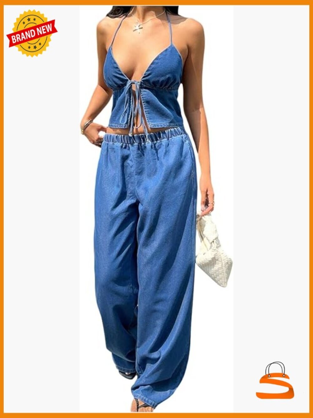 Y2K 2 Piece Denim Outfit - Cami Crop Top & Wide Leg Jeans